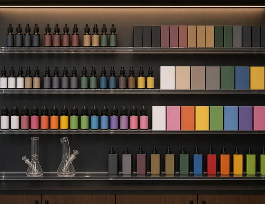 Acrylic smoke shop wall shelves display holding e-liquid bottles and boxed devices on a back-bar wall