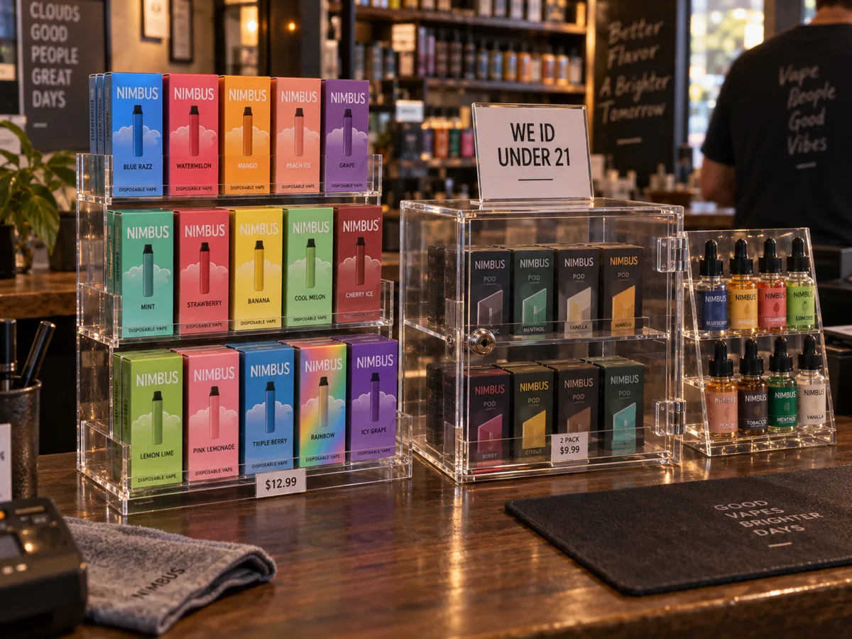 Clear acrylic step riser with boxed disposable vapes, a small lockable countertop case and an e-liquid rack on a vape shop counter