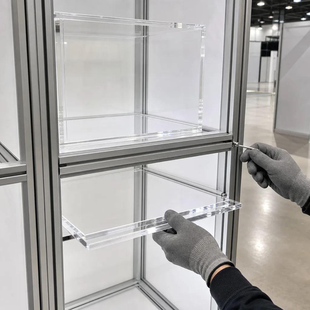 Cut-to-size acrylic shelves and display case components fitted into a modular trade show booth frame