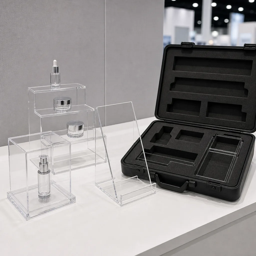 Portable acrylic trade show counter kit — tiered riser, display case, and literature holder on a booth counter