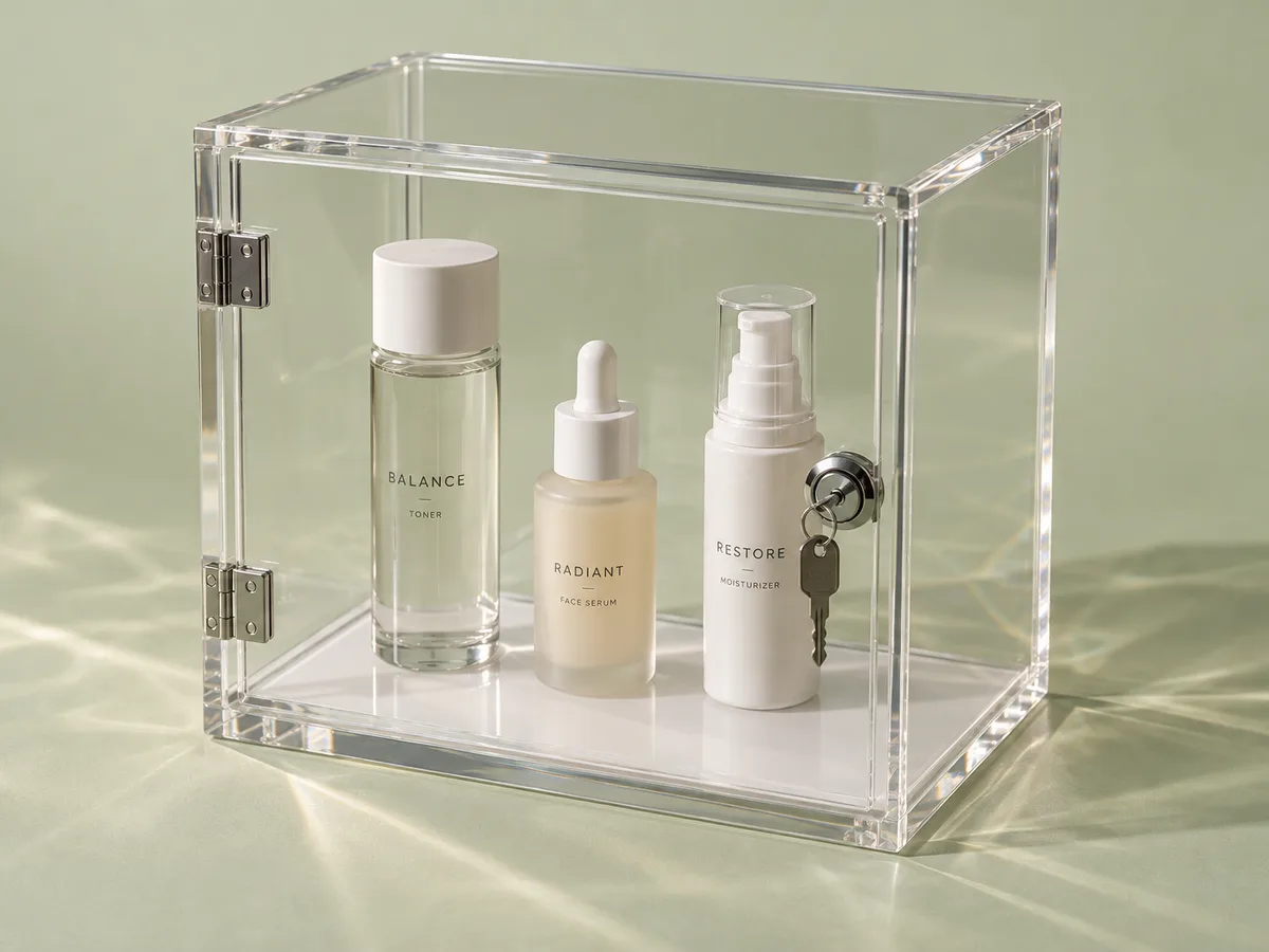 Clear acrylic countertop display case with a hinged locking door and product samples