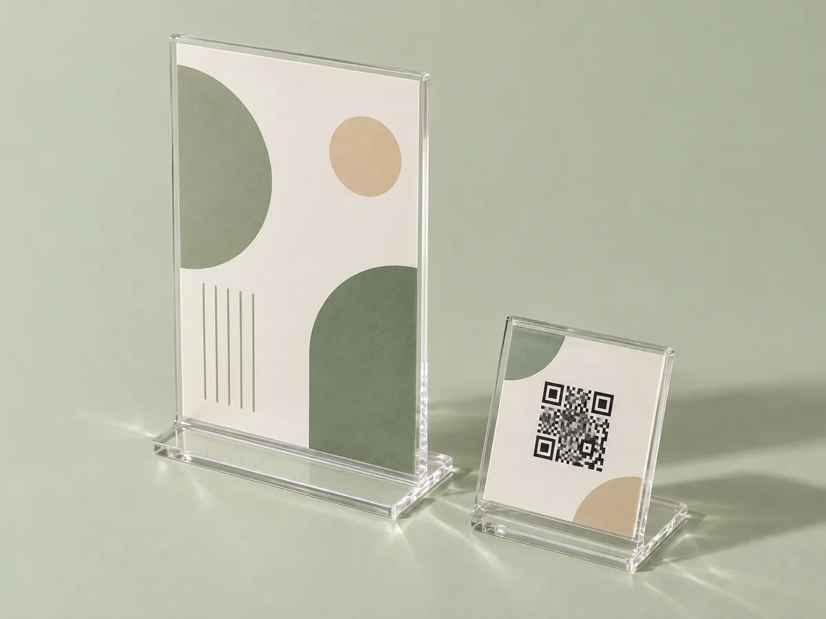 T-style and slant-back acrylic sign holders with a QR card