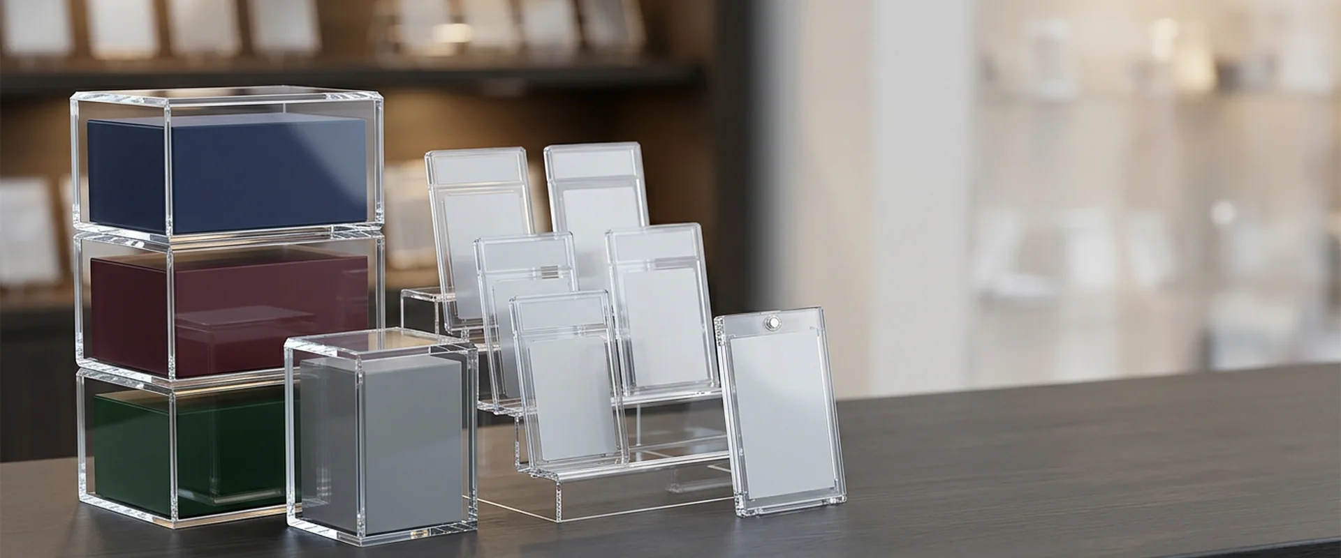 Card shop counter with acrylic display cases for trading cards and collectibles