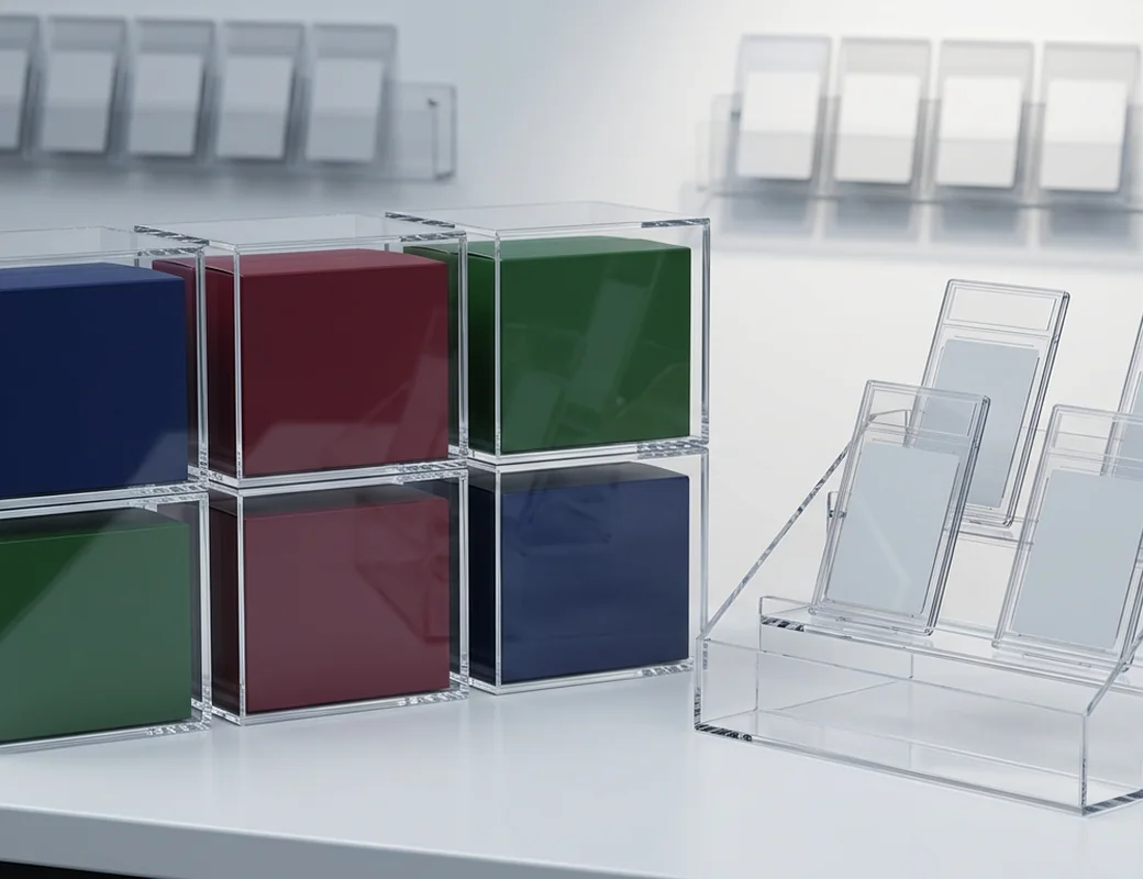 Card shop retail display with booster box cases, wall racks, and tiered risers