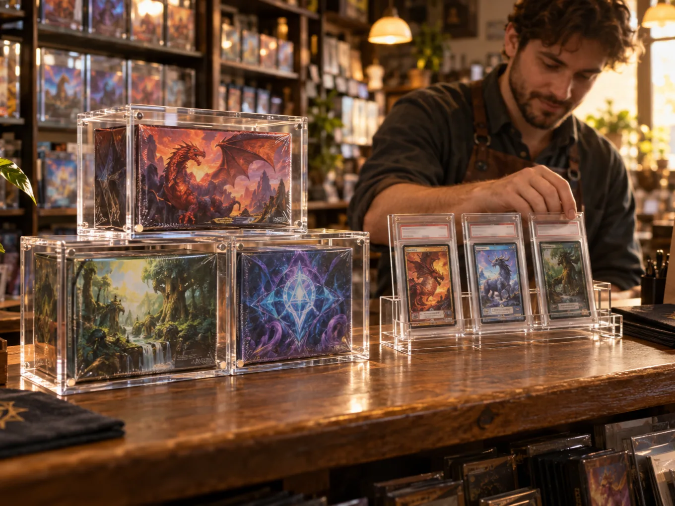Card shop counter with stacked clear acrylic magnetic-lid booster box cases and a three-slot acrylic stand holding graded card slabs