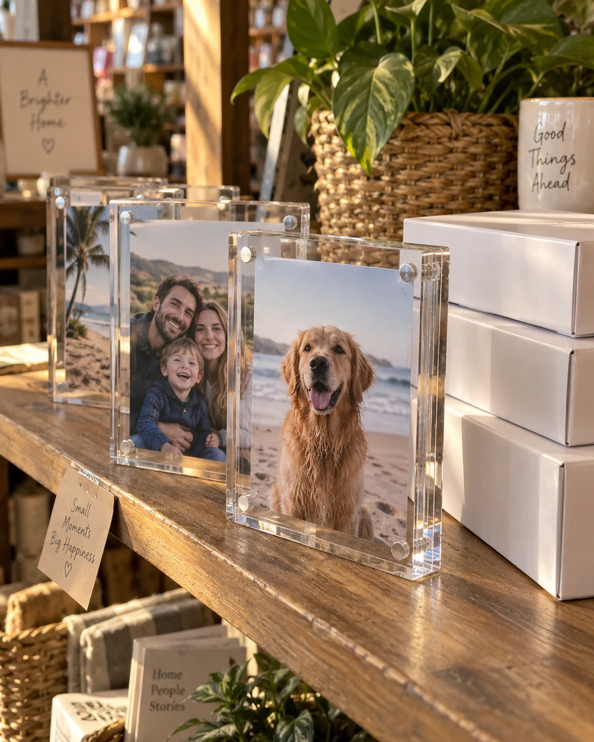 Row of clear 4x6 magnetic acrylic photo frames with thick 8+8 mm PMMA panels and corner magnets holding family and pet photos on a gift shop shelf, beside stacked white retail presentation boxes
