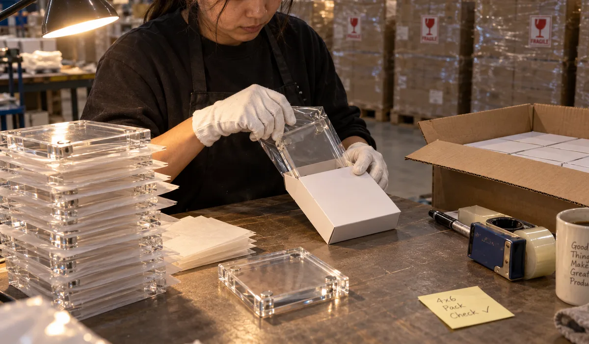 Packer in white gloves sliding a bagged 4x6 magnetic acrylic photo frame into a white presentation box at a factory bench, with stacked PMMA frames, paper separators, an open carton of boxes and stretch-wrapped pallets behind