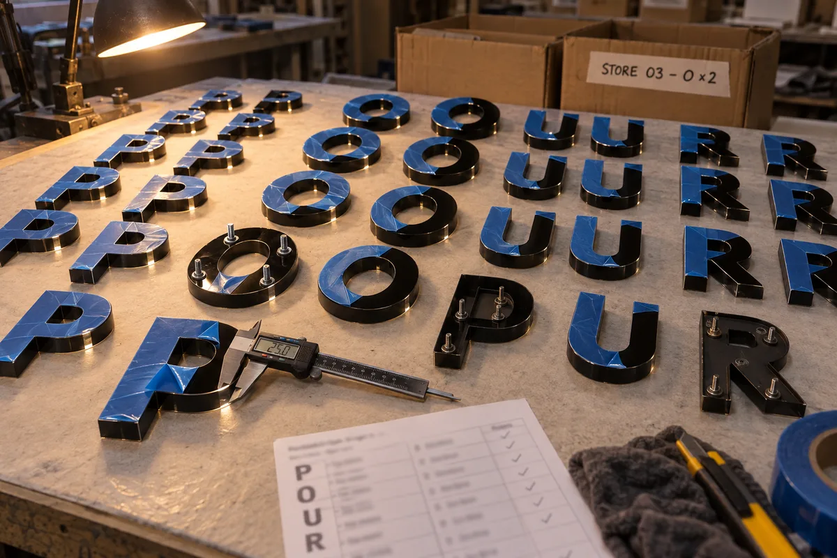 Non-electrical fabricated 3D acrylic letter components with drawing-defined standoff/stud mounting interface from this order lined up on the QC table before packing