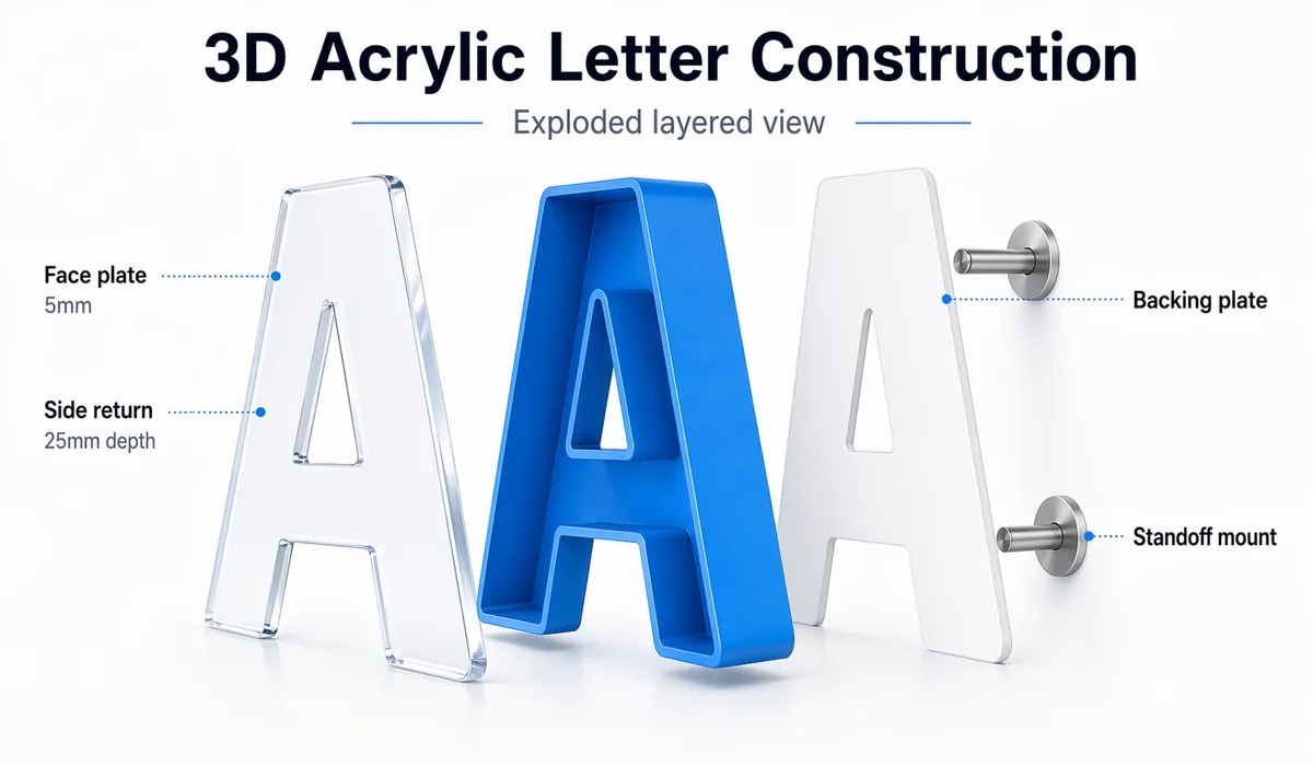 Exploded layered view of a 3D acrylic letter showing face plate, side return, backing plate, and standoff mount