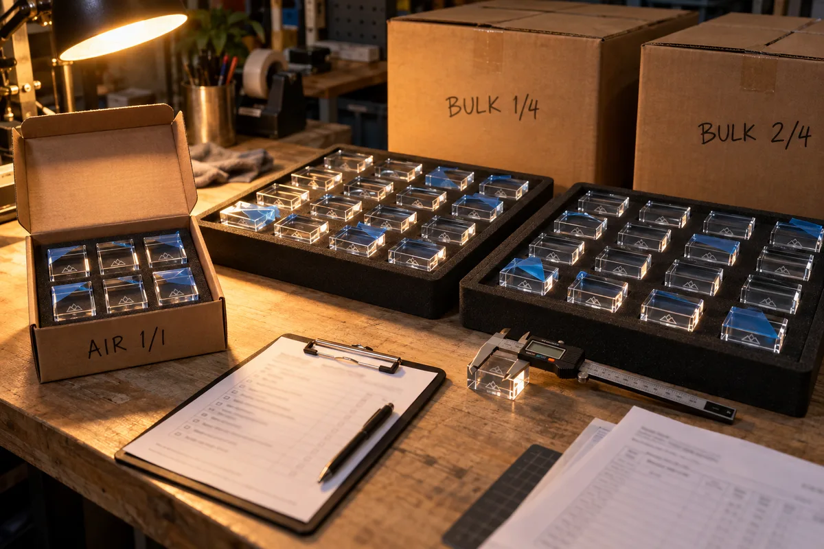 Custom polished acrylic blocks with buyer artwork from this order lined up on the QC table before packing