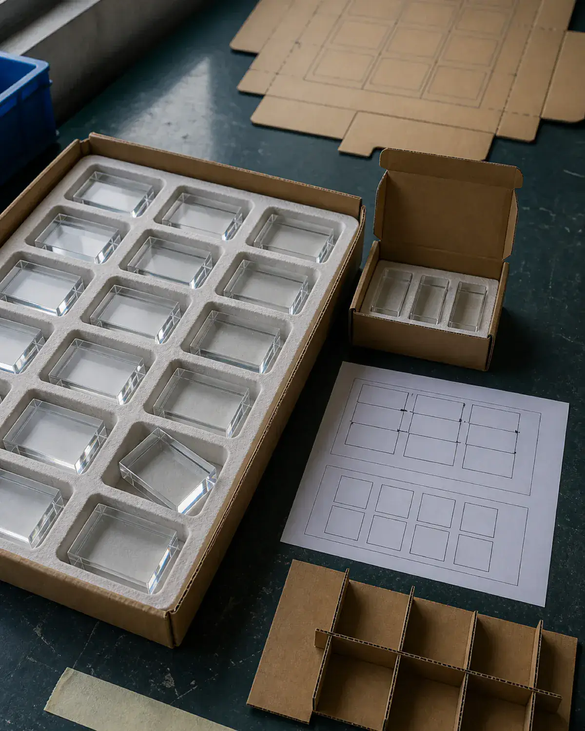 Clear acrylic blocks in protective cavities beside a small urgent-release carton, a larger bulk carton map, and an abstract split-allocation worksheet