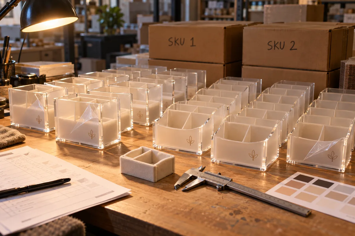 Luxury acrylic cosmetic organizer / counter tray with die-cut velvet seats from this order lined up on the QC table before packing