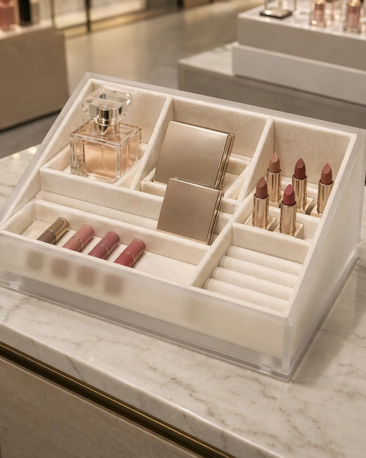 Frosted acrylic cosmetic organizer with cream velvet inserts holding a perfume bottle, compacts, and lipsticks on a prestige beauty counter