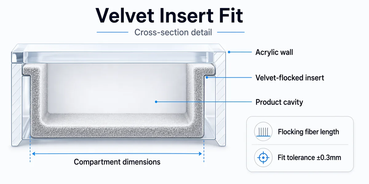 Cross-section detail of a velvet insert fitted inside an acrylic organizer, showing acrylic wall, velvet-flocked insert, product cavity, and fit tolerance