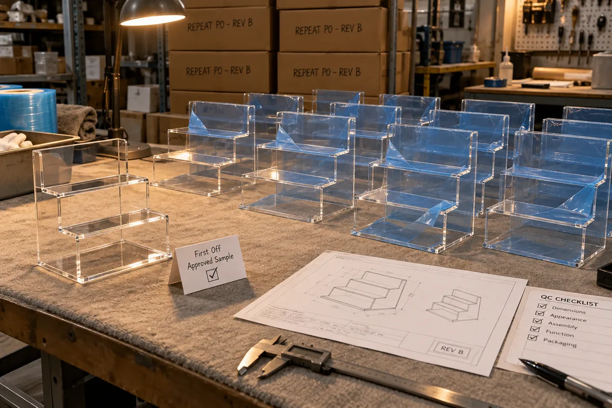 Acrylic retail display stand from this order lined up on the QC table before packing