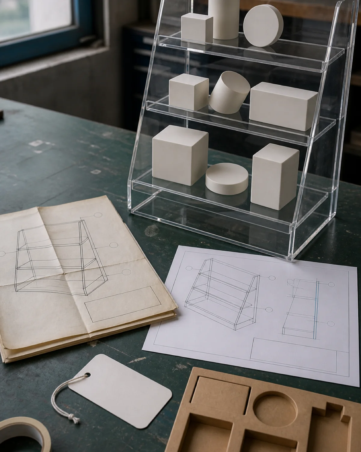Clear three-tier acrylic retail display stand with blank product forms, an archived drawing, a revised drawing, a first-off tag, and a packing insert