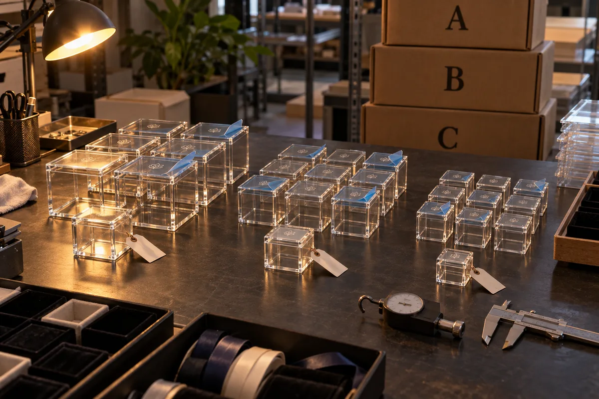 Family of custom acrylic gift boxes in several formats with magnetic lids from this order lined up on the QC table before packing