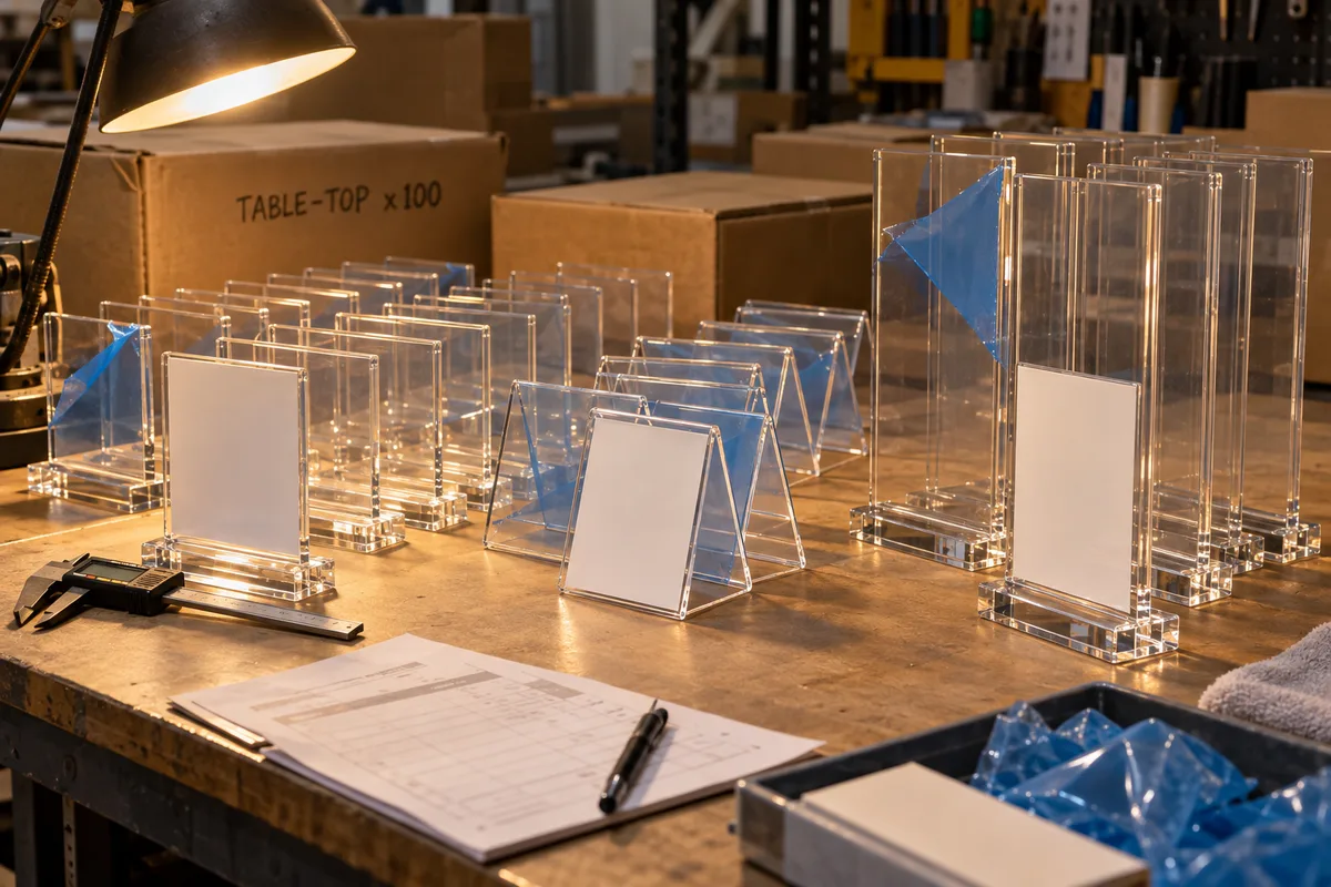 Restaurant menu holders in 3 coordinated formats: hostess-stand display from this order lined up on the QC table before packing