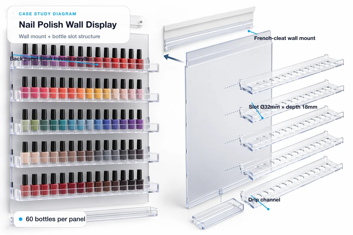 Exploded wall-mount diagram of an acrylic nail polish display showing the frosted back panel, French-cleat mount, bottle-slot rows, capacity, and bottom drip channel