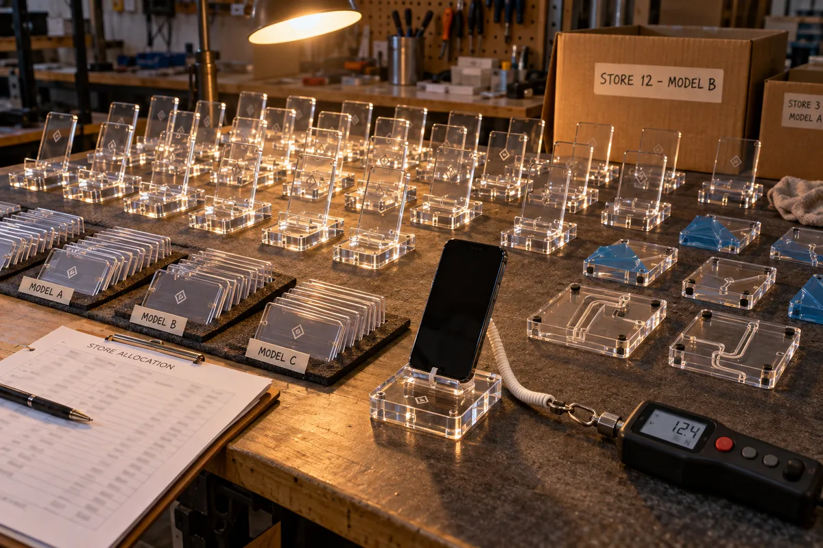 Modular secure acrylic phone display stand: one shared base with device-side inserts from this order lined up on the QC table before packing