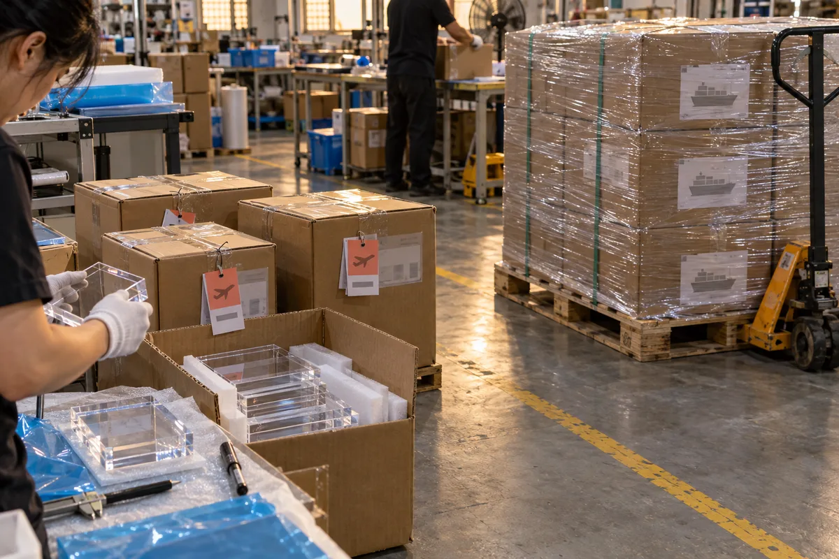 Acrylic photo block cartons split into an air shipment and a sea pallet
