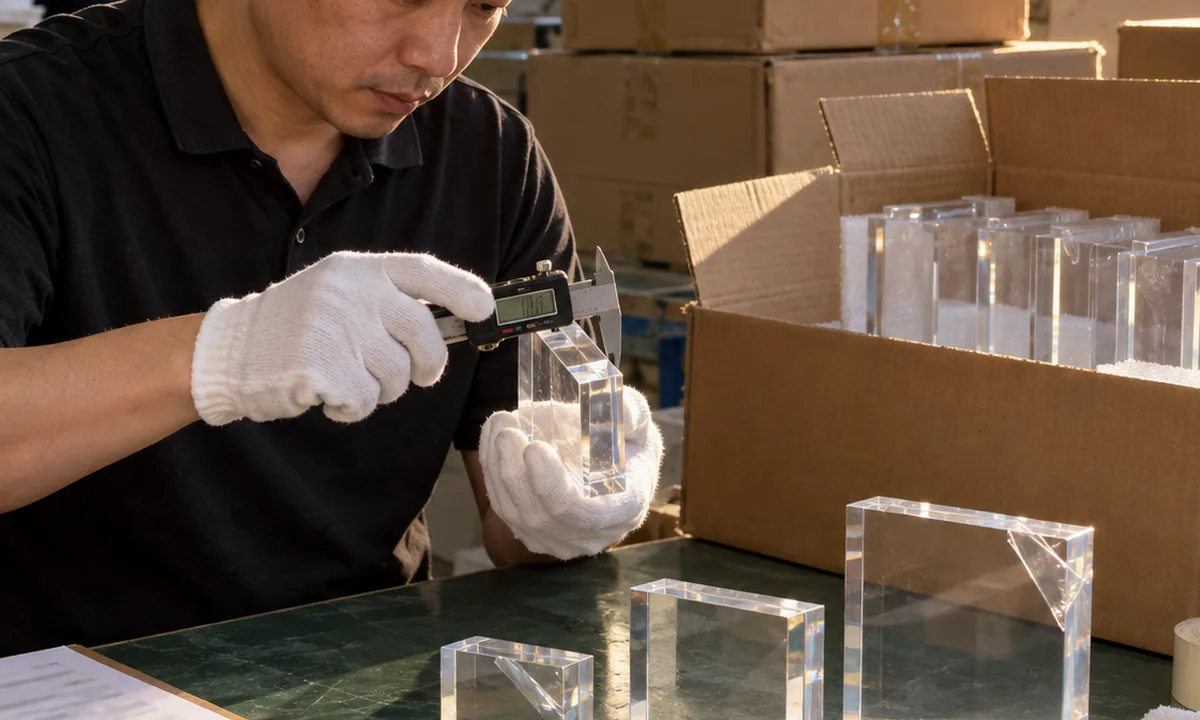 Blank clear acrylic photo blocks being measured during a third-party final inspection