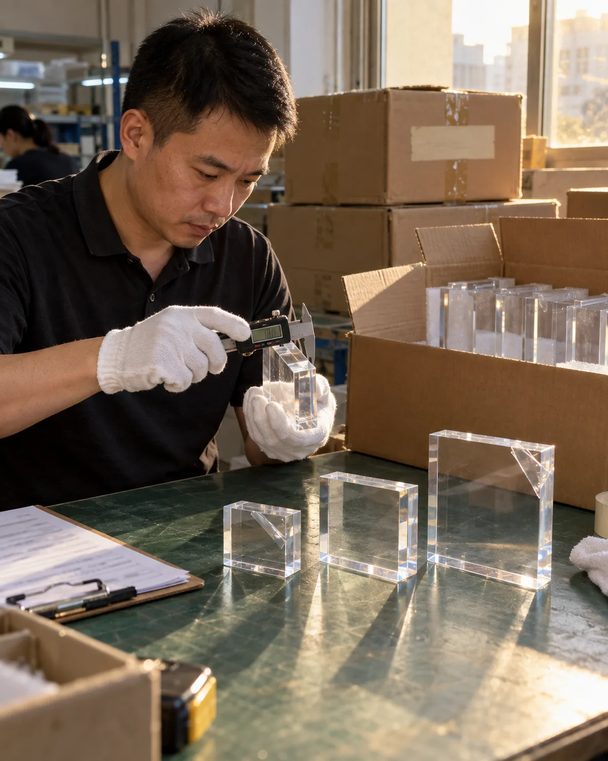 Quality inspector in white gloves measuring the thickness of a blank clear acrylic photo block with a digital caliper, with open export cartons of PMMA photo blocks behind