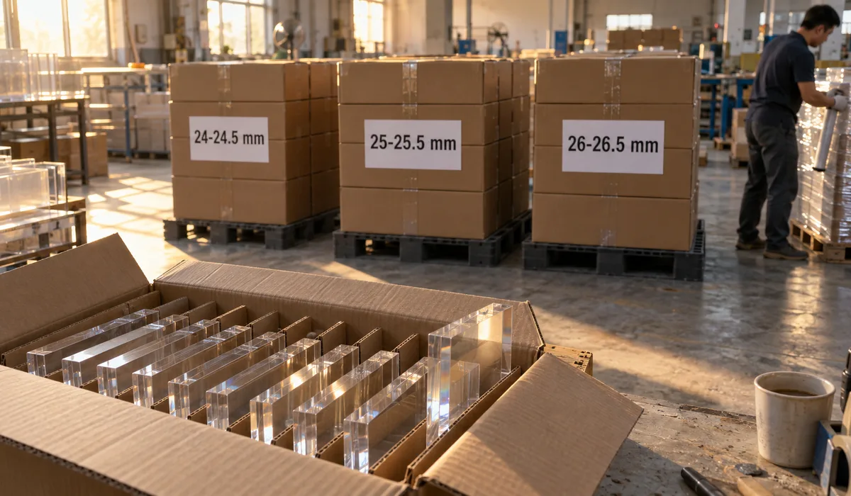 Three stacks of export master cartons of clear acrylic photo blocks on pallets, labelled by thickness band 24-24.5 mm, 25-25.5 mm and 26-26.5 mm, with one open carton showing upright PMMA blocks