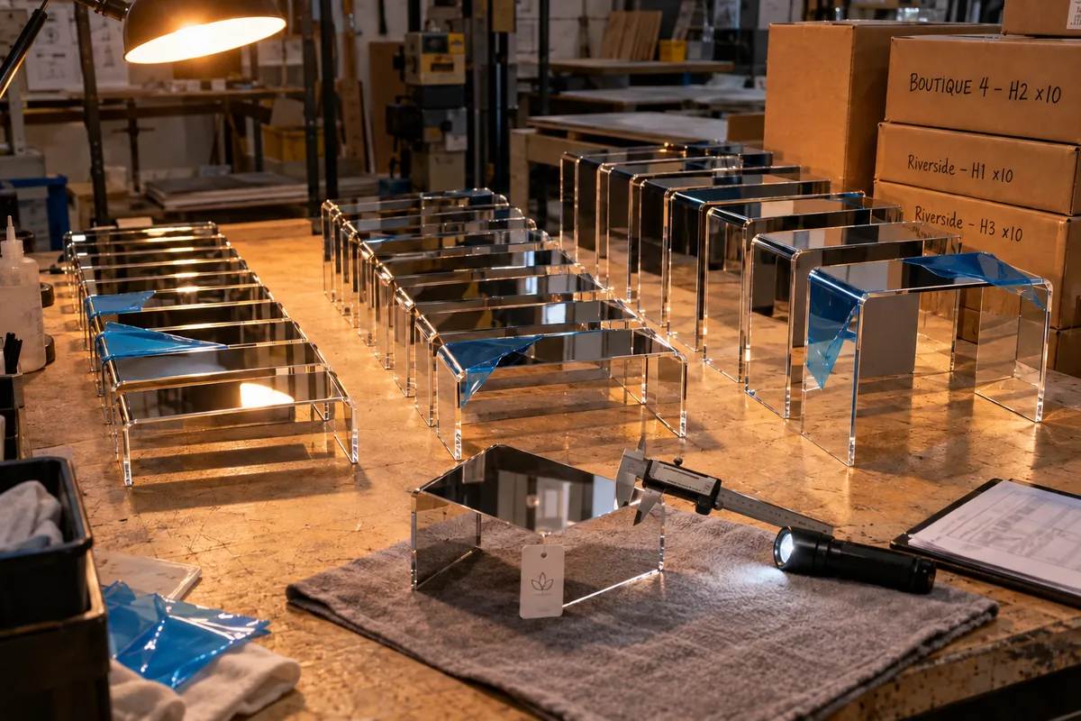 Mirror-finish acrylic shoe risers in several heights with drawing-controlled incline from this order lined up on the QC table before packing