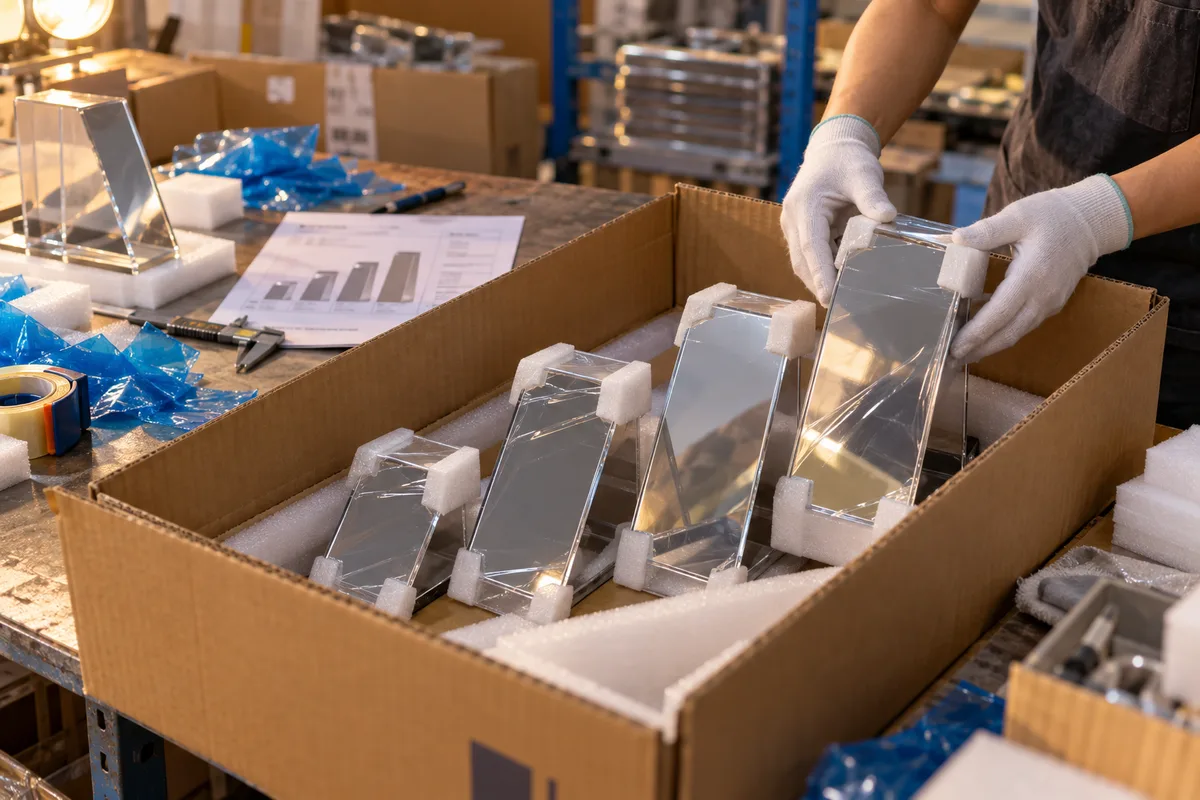 Mirror-finish acrylic shoe risers in several heights wrapped and packed for boutiques