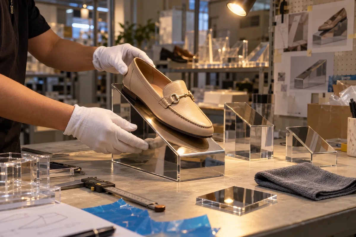Mirror acrylic shoe riser sample tested under boutique lighting with a leather shoe