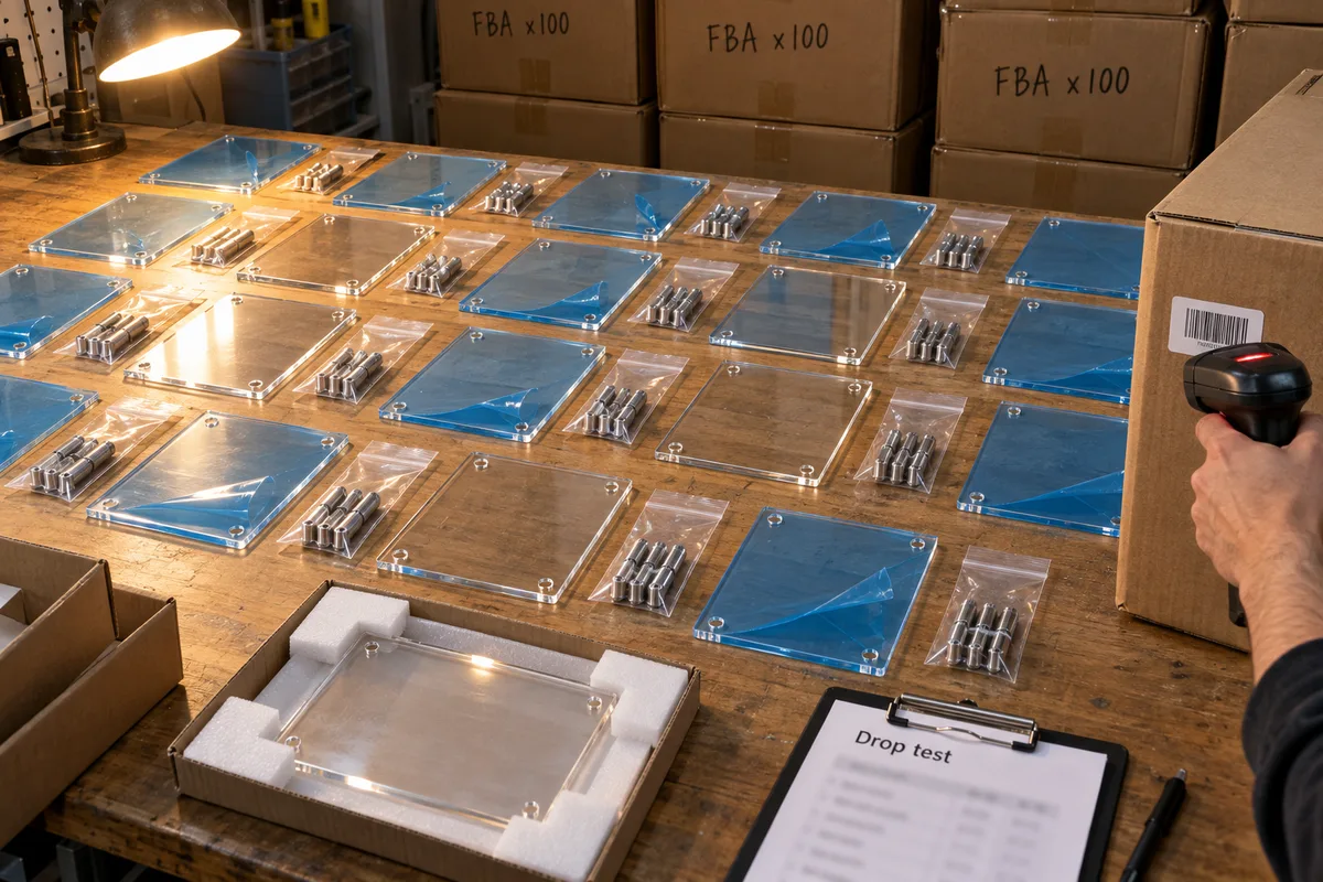 Wall-mount acrylic sign holder with standoff hardware from this order lined up on the QC table before packing