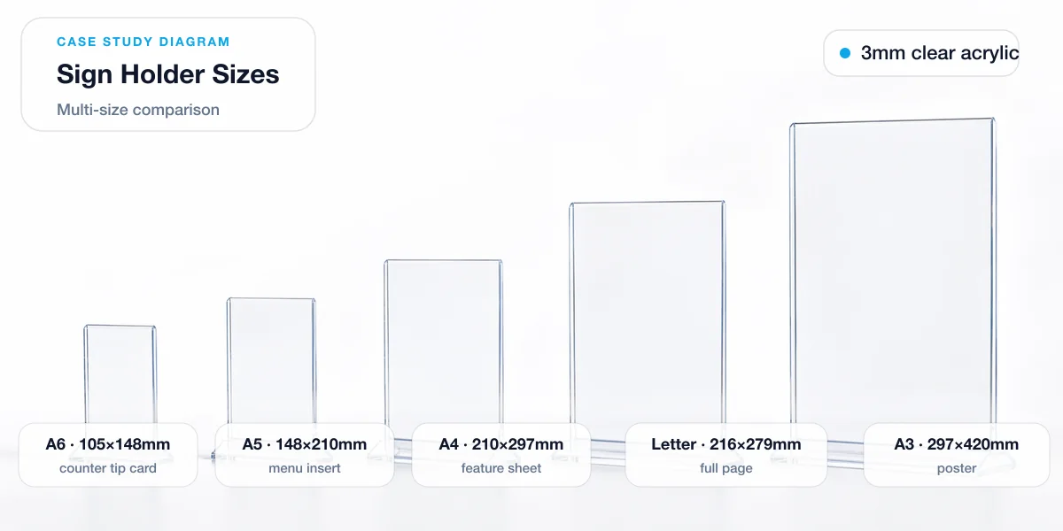 Multi-size comparison of acrylic sign holders showing A6, A5, A4, Letter, and A3 formats in scaled order