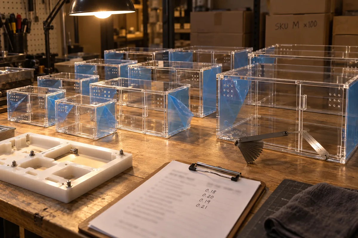 Custom acrylic snake enclosures in 3 sizes with front sliders from this order lined up on the QC table before packing