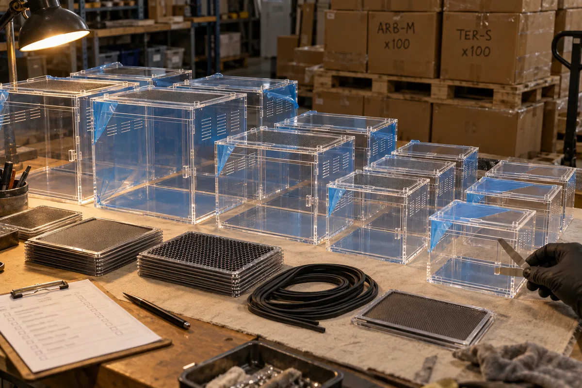 Acrylic tarantula enclosures from this order lined up on the QC table before packing
