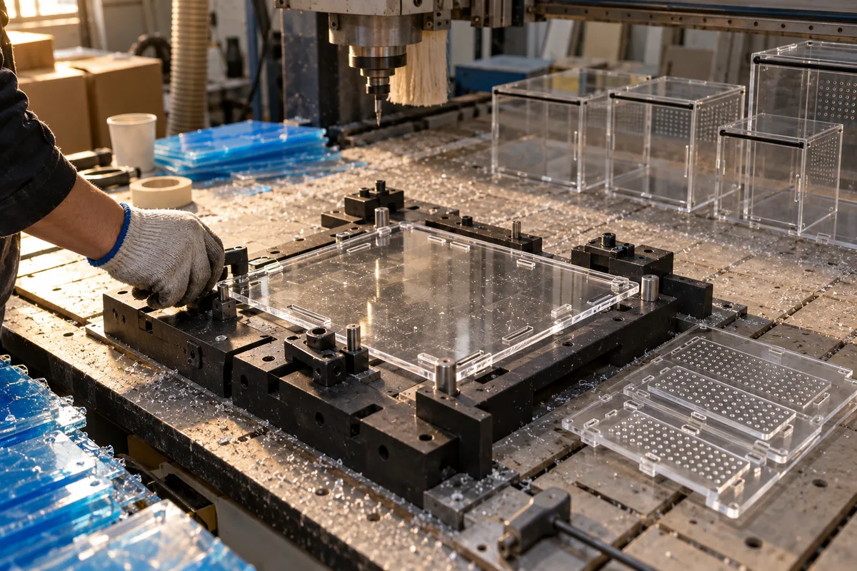Modular CNC jig holding a clear cast acrylic enclosure base panel on a router bed