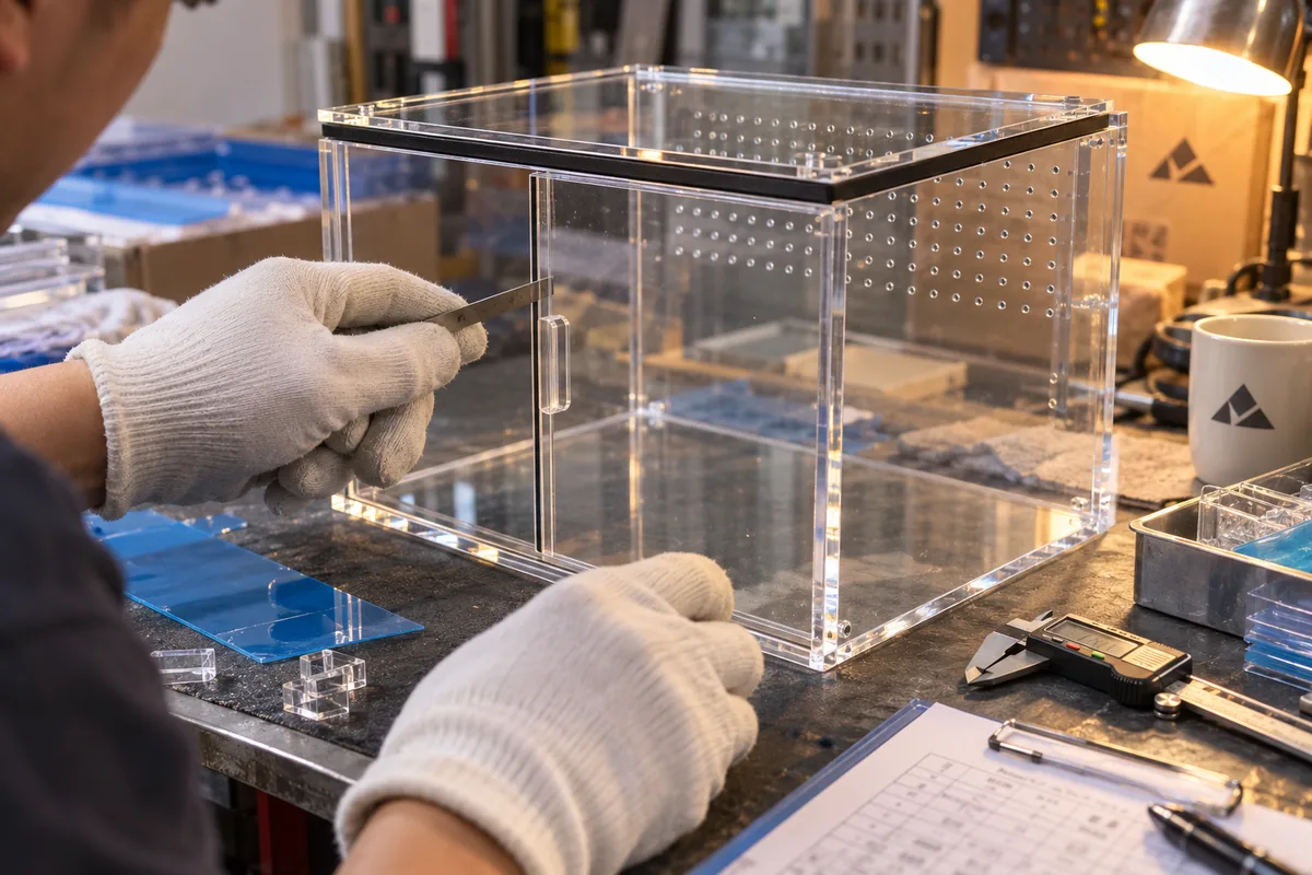 EPDM gasket and front slider on a clear acrylic tarantula enclosure being checked with a feeler gauge