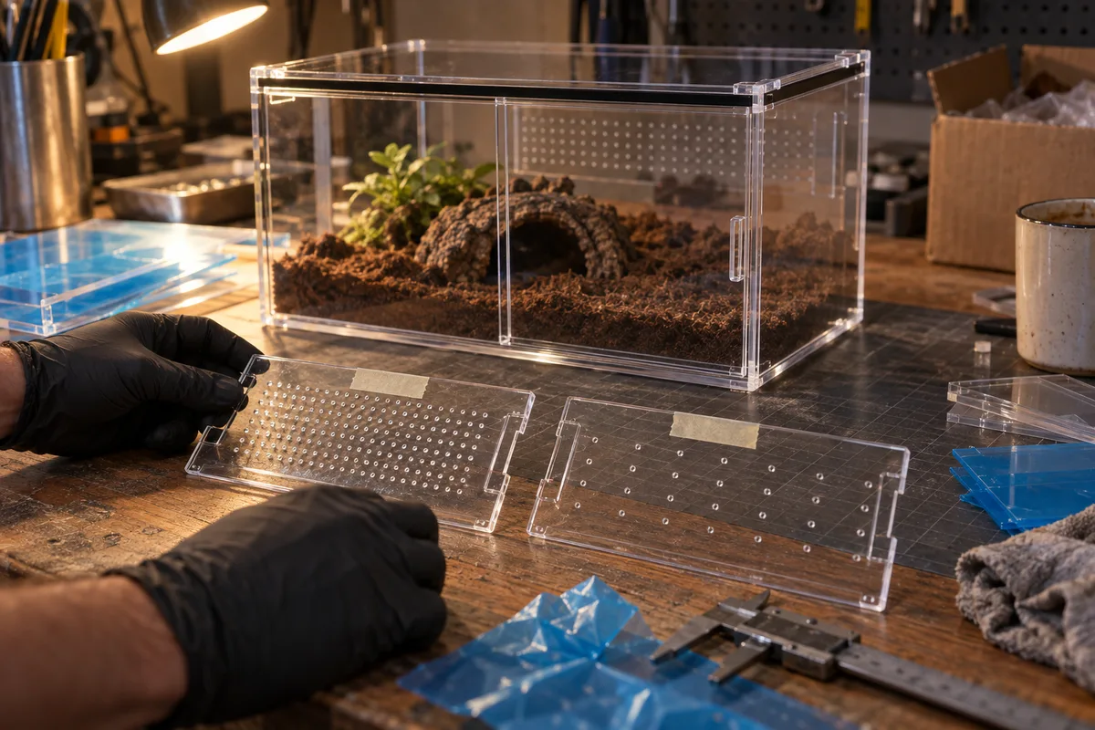 Swappable acrylic vent inserts for tropical and arid tarantula enclosures on a workbench