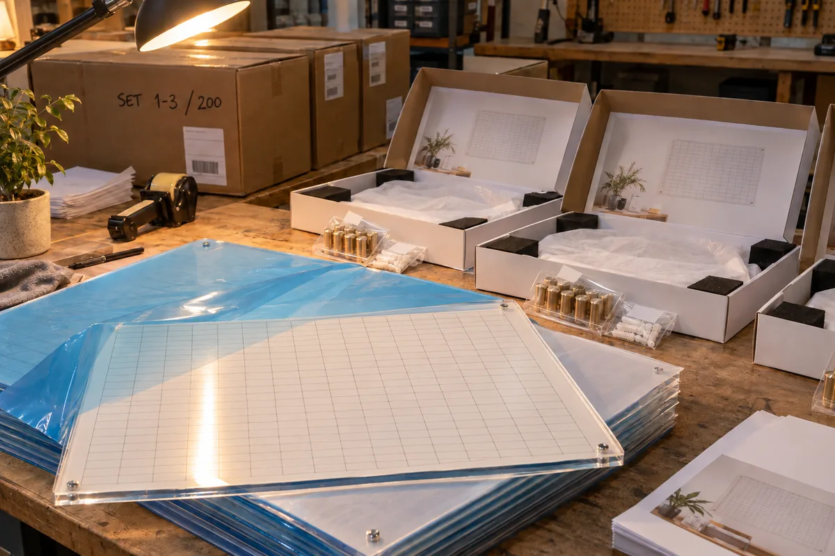 Meter-wide acrylic yearly wall planner with a six-standoff mounting kit and printed rigid retail box from this order lined up on the QC table before packing