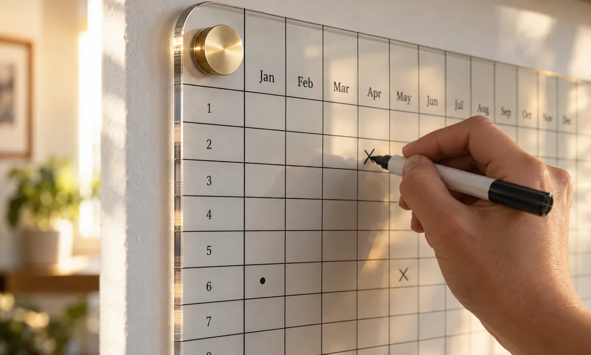 Standoff-mounted acrylic yearly wall planner panel