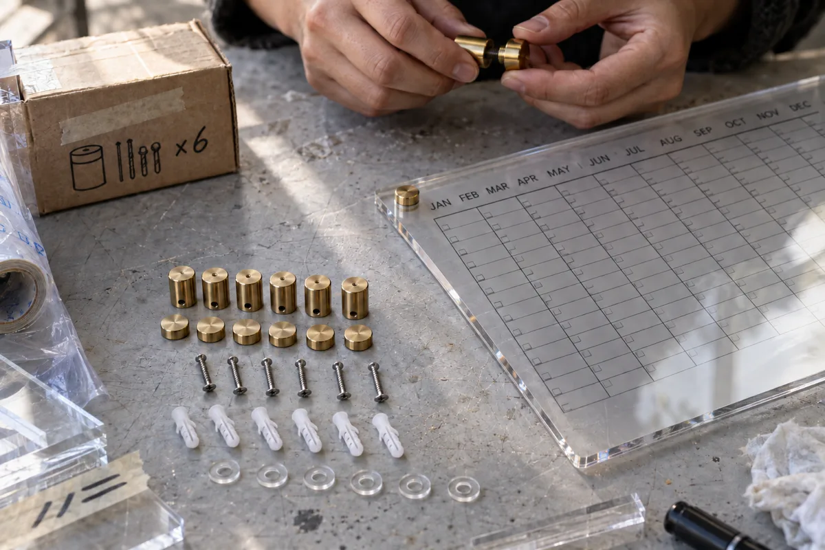 Six brushed-gold acrylic standoffs with caps, screws, white plasterboard anchors and clear spacer gaskets laid out on a factory workbench beside the corner of a 5 mm clear acrylic wall planner panel