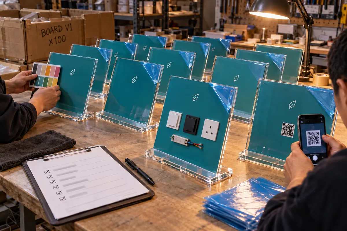 Non-electrical angled acrylic display board presenting wiring accessories with product mounts from this order lined up on the QC table before packing