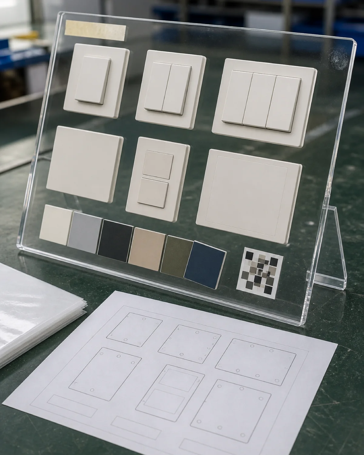Angled clear acrylic display board with blank switch-shaped product models, color swatches, a non-scannable QR placeholder, and a mounting-zone drawing