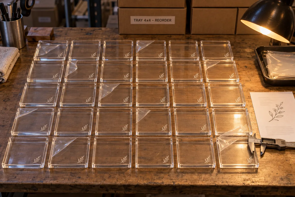 4 x 4 inch acrylic trays with custom engraving from this order lined up on the QC table before packing