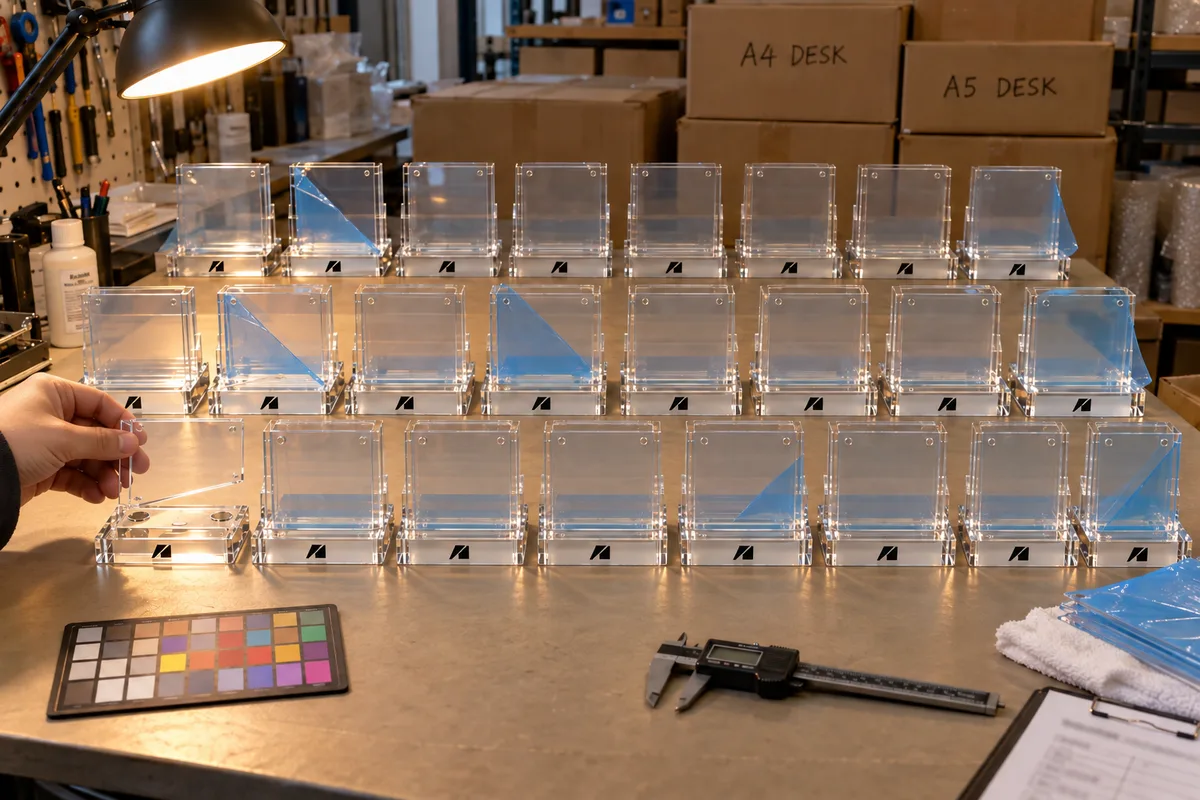 Countertop campaign displays: CNC-machined weighted base + two-layer magnetic insert sandwich from this order lined up on the QC table before packing
