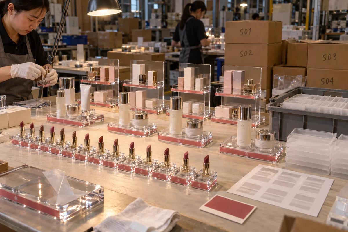 3-SKU beauty counter display family: lipstick tester stand from this order lined up on the QC table before packing