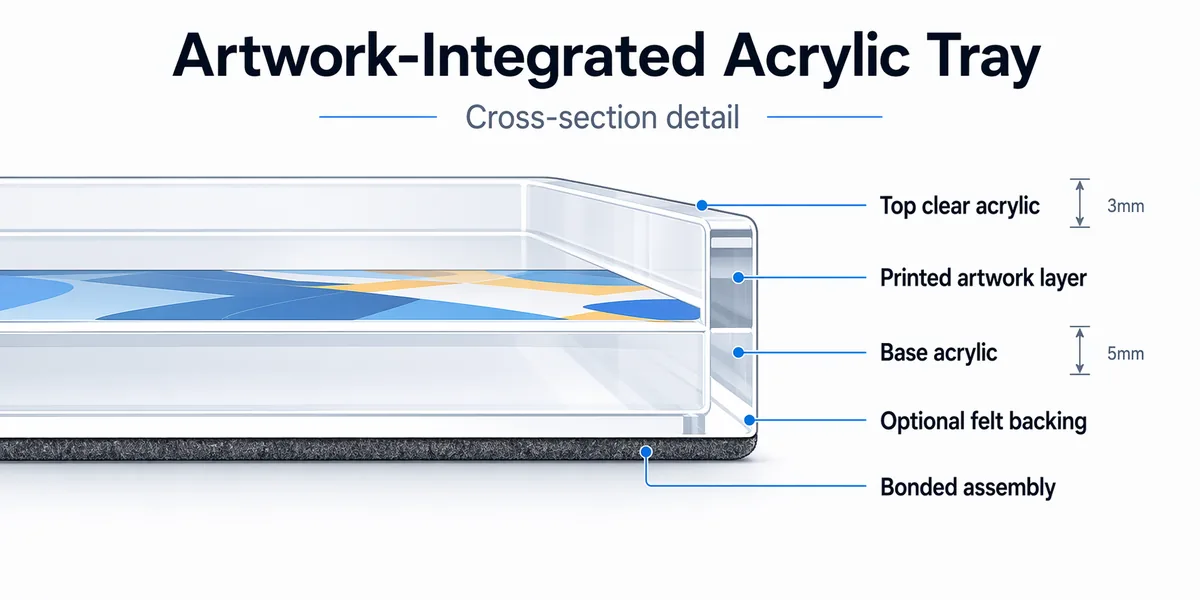 Cross-section detail of an artwork-integrated acrylic tray showing top clear acrylic, printed artwork layer, base acrylic, optional felt backing, and bonded assembly