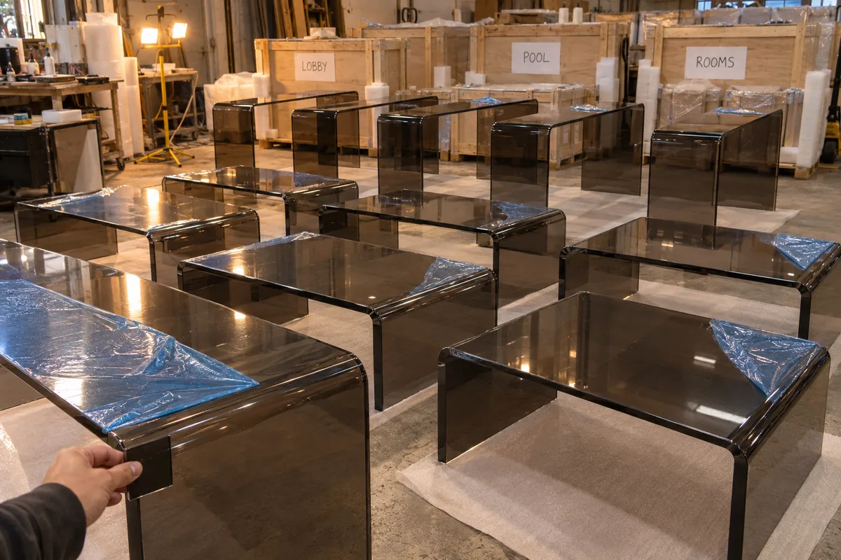 Hotel acrylic furniture: coffee tables and waterfall-edge console tables from this order lined up on the QC table before packing