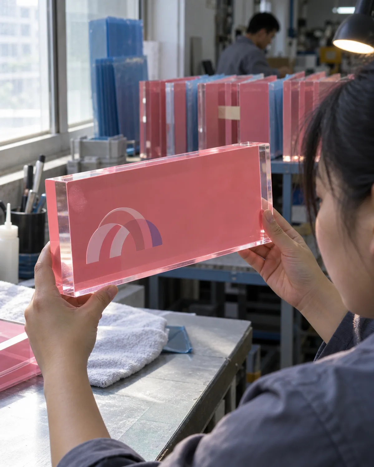Factory operator holding a clear cast acrylic logo block with a solid pink printed back up to a window so the color glows through the block and along its polished edges, with a rack of identical blocks behind