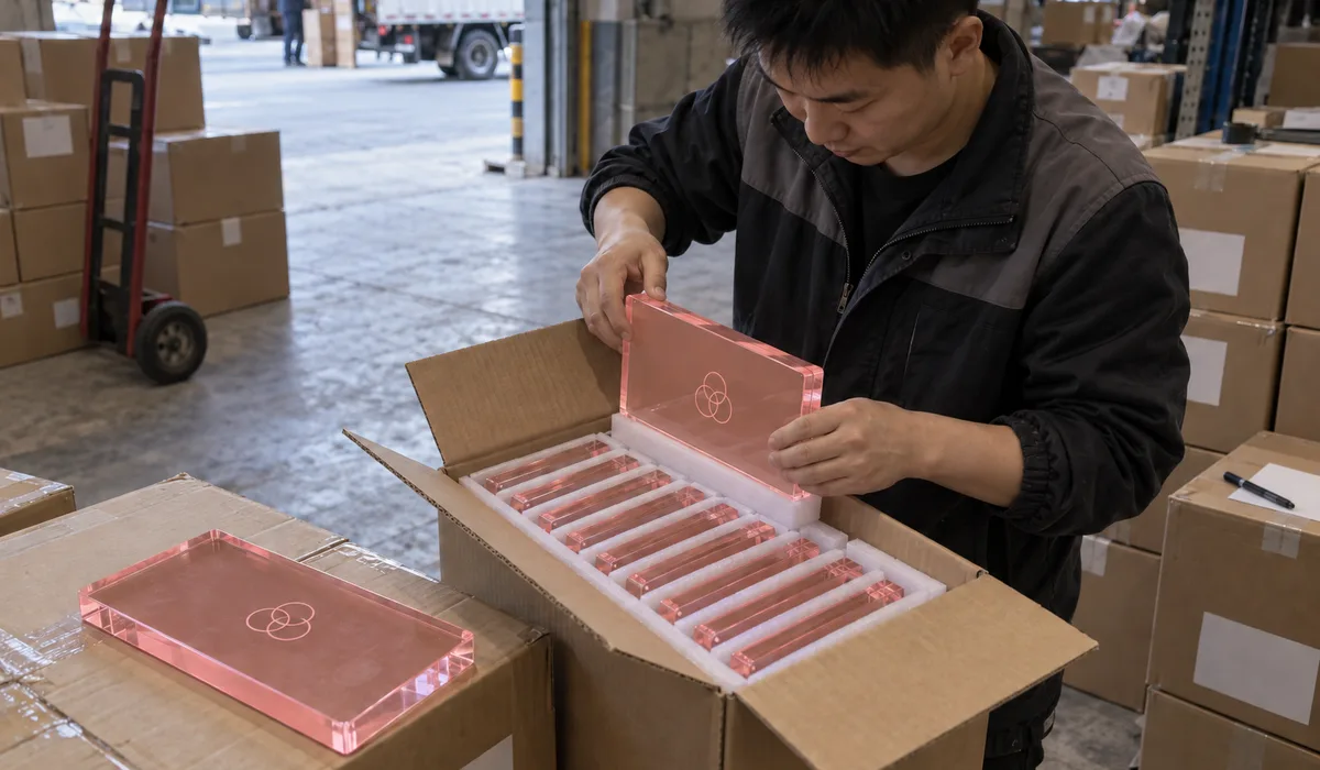 Warehouse worker at a third-party logistics receiving dock opening one of a stack of small non-palletized export cartons to reveal pink-backed clear acrylic logo blocks standing in individual foam-lined sleeves